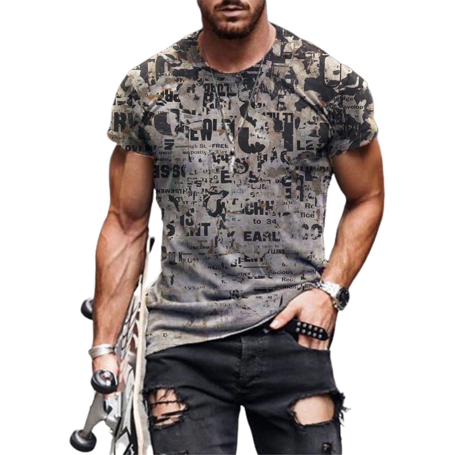 Men T-shirt Skin-friendly Unique Pattern Cotton Blended Highly Absorbent Casual Men Blouse for Daily Wear