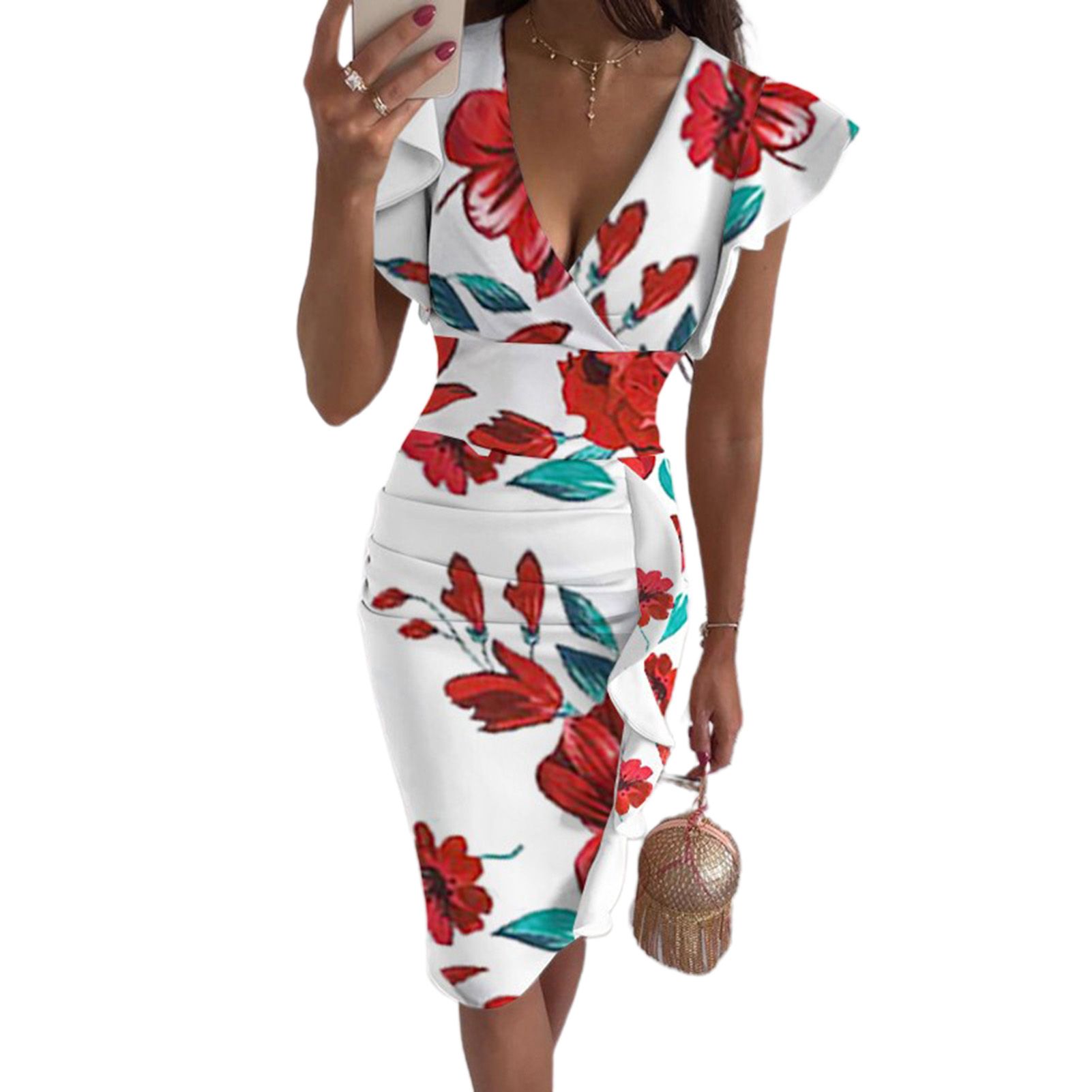 Midi Dress Flower Printing Deep-V Cloth Ruffled Hem Decor Summer Dress for Date
