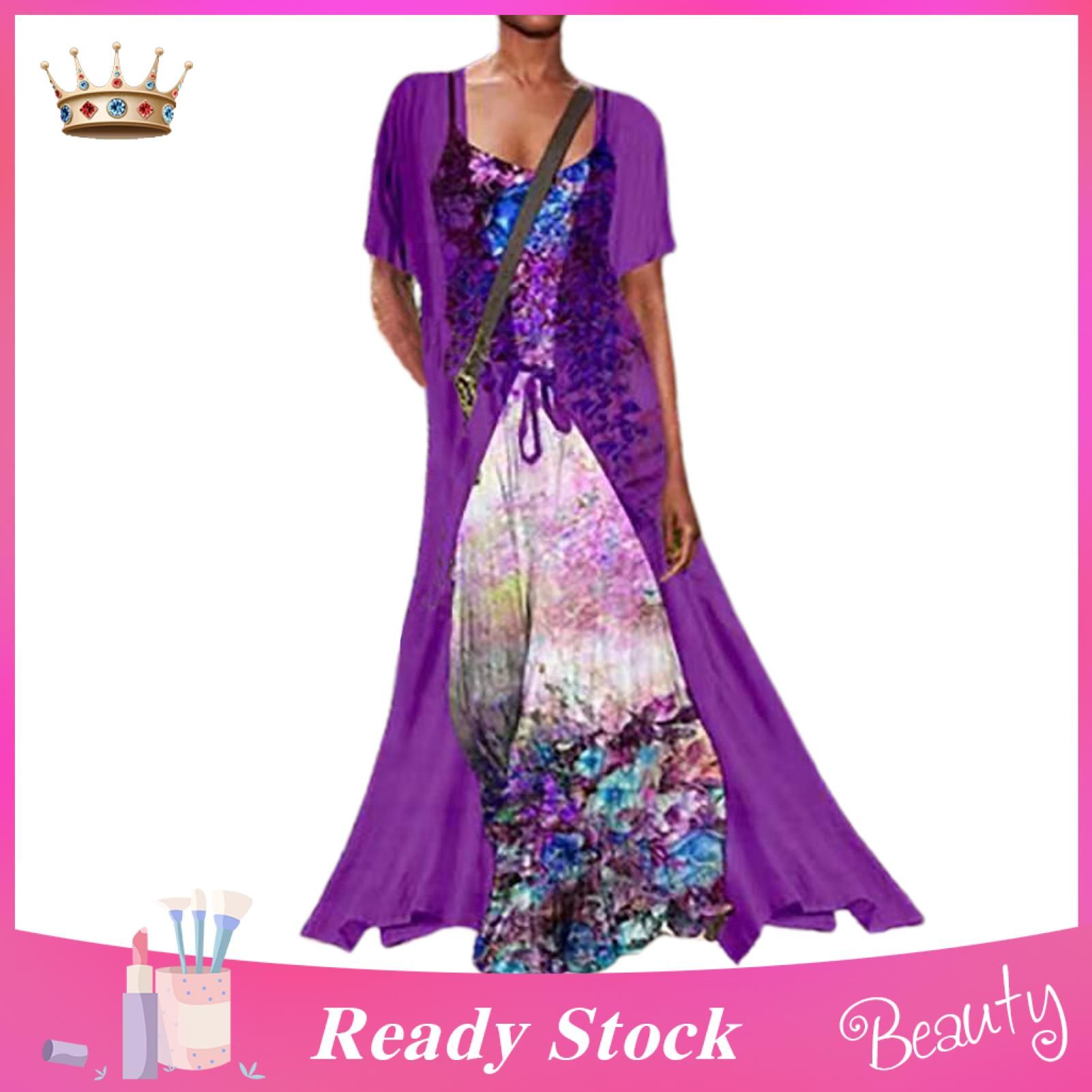 Dress Cardigan Suit Cool Colorful Flower Print Sling Dress Short Sleeve Shawl Set
