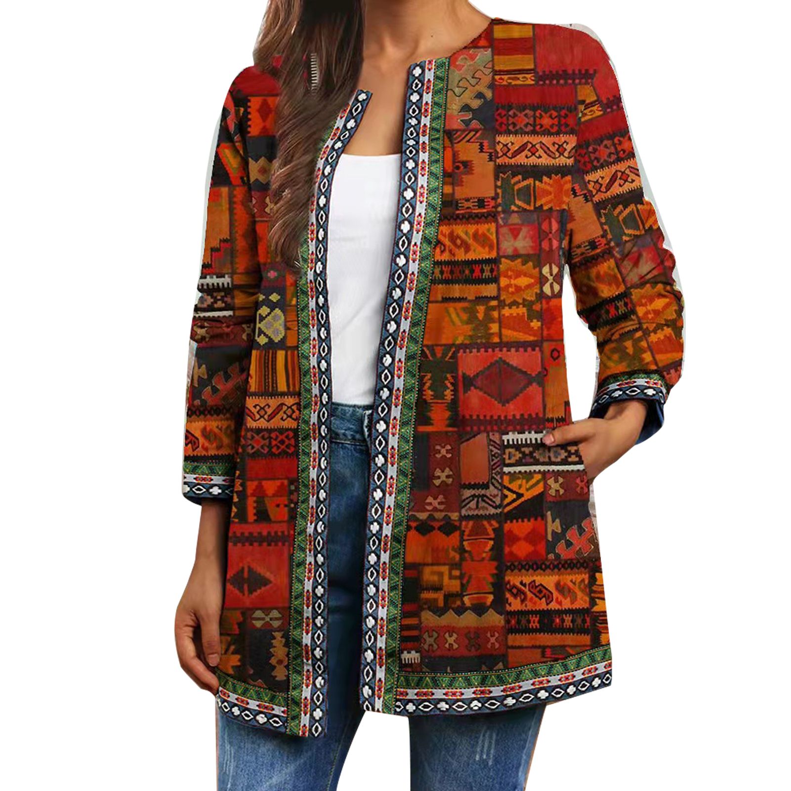 Women Jacket Butterflies Print Loose-fitting Round Neck Coat