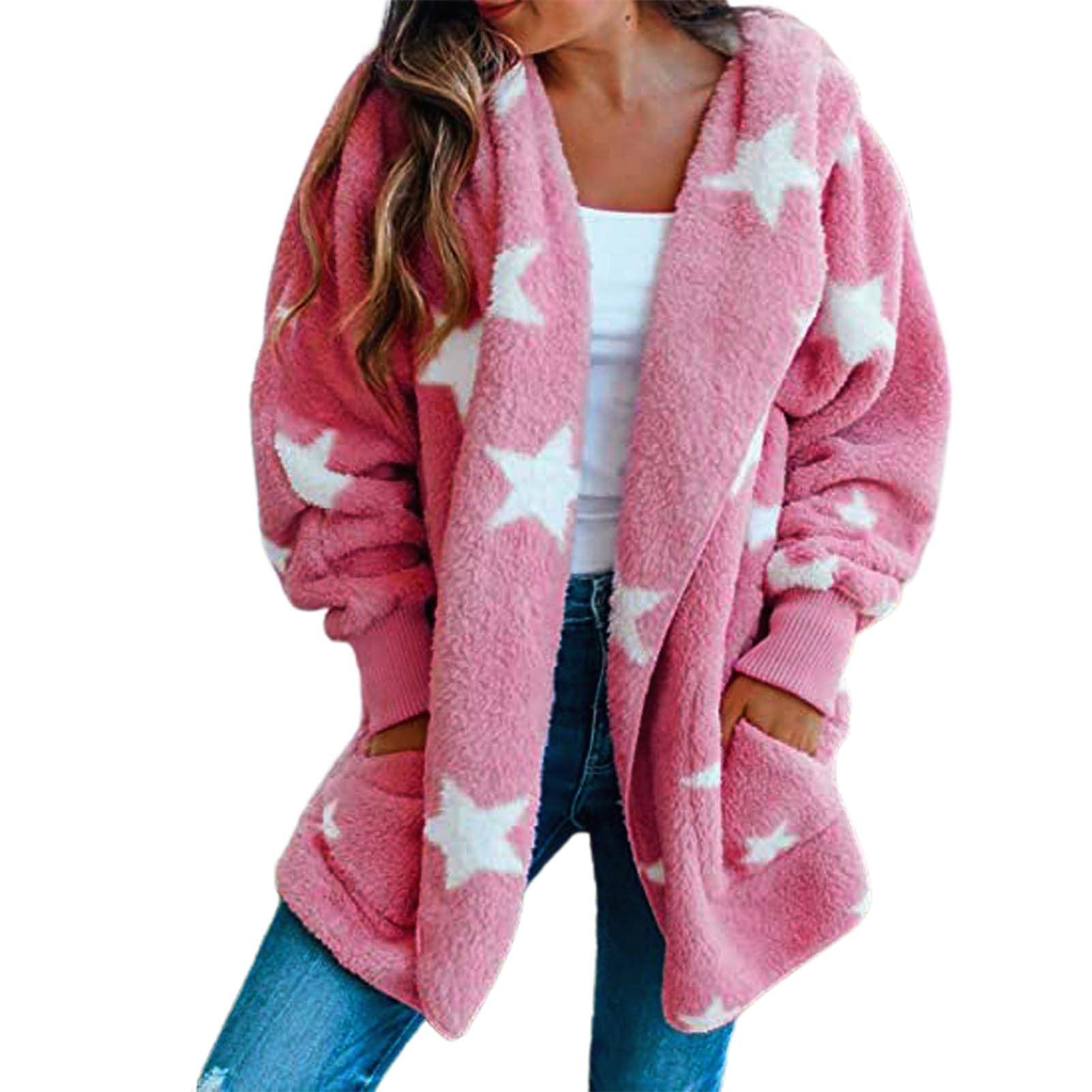 Women Coat Long Sleeve Pockets Hooded Women Fleece Jacket
