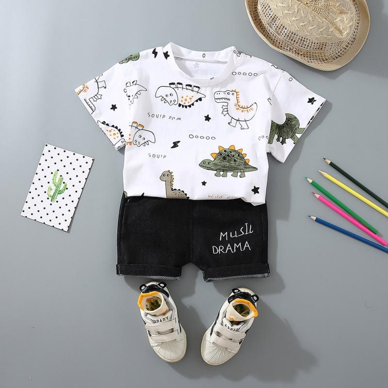 Baby Boys Set Casual Short Sleeve Dinosaur Print T-shirt Tops+Letters Shorts