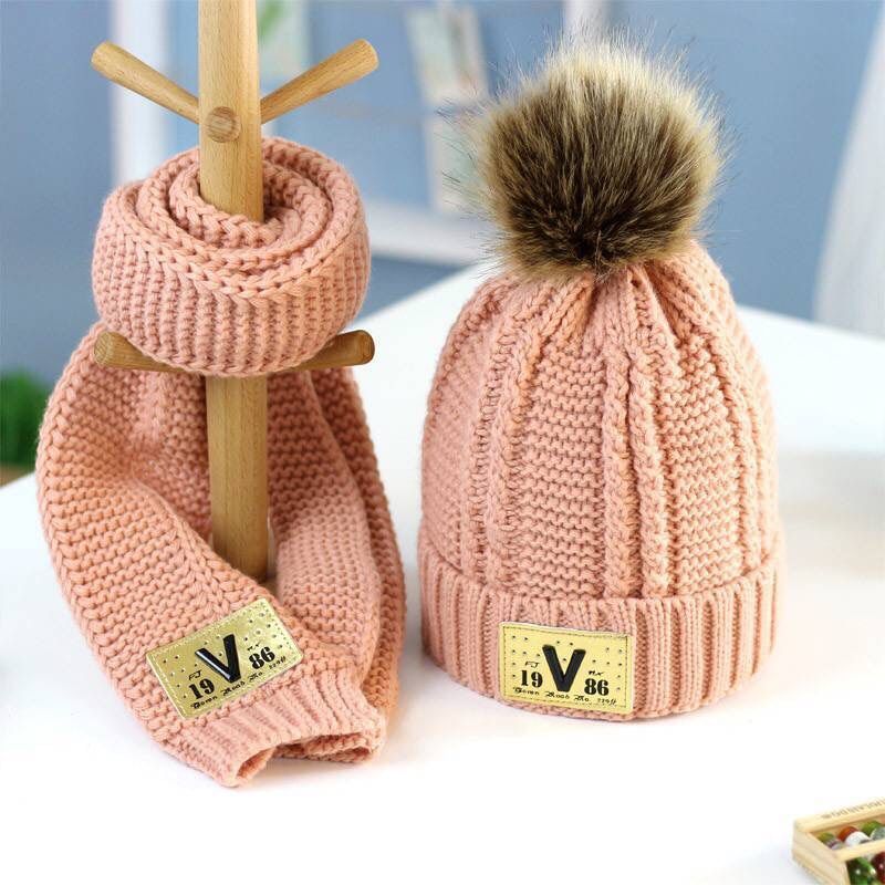 Autumn winter children's hat scarf set of two Cute boys and girls with thick fluffy hats Baby cute knitting wool jumper cap