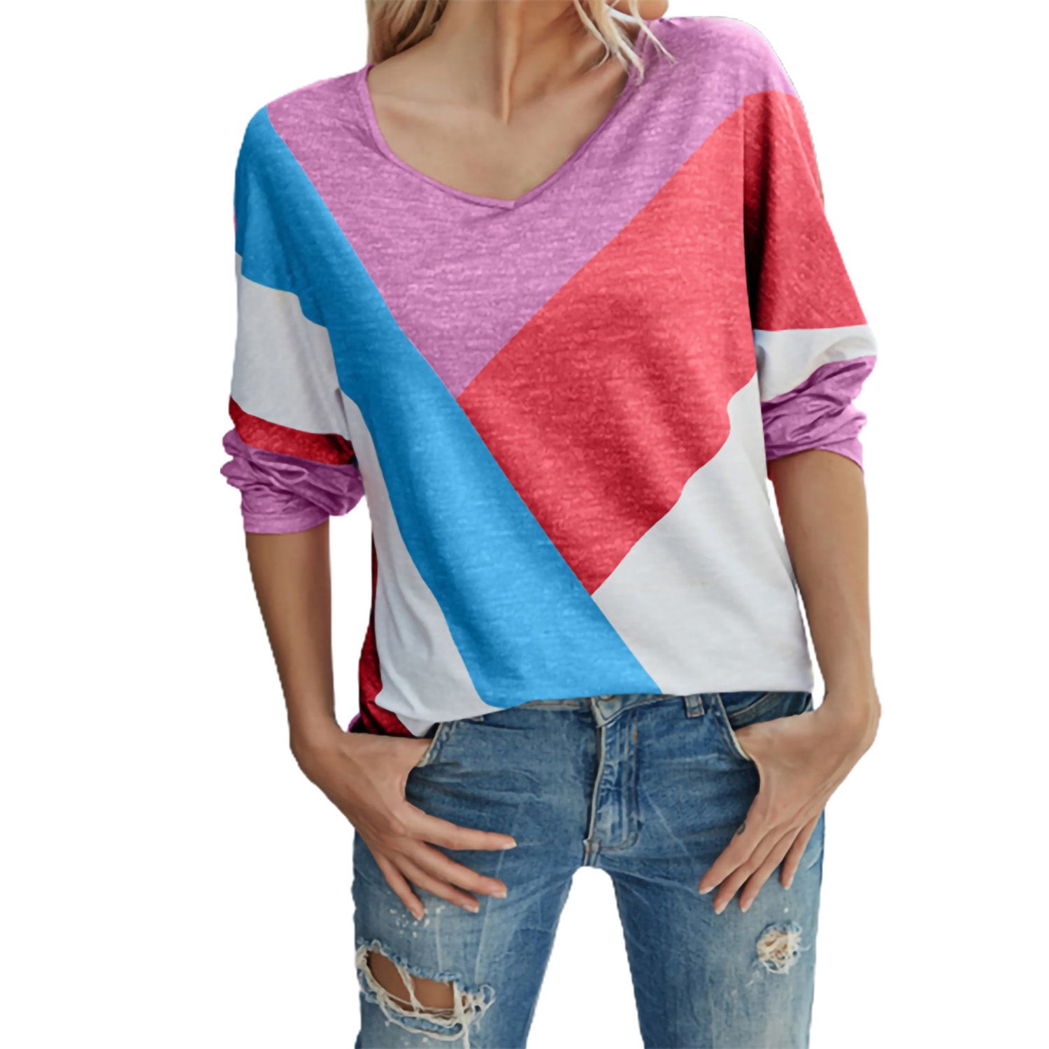 Women T-shirt Stripes Print Crew Neck Color Block Print T-shirt