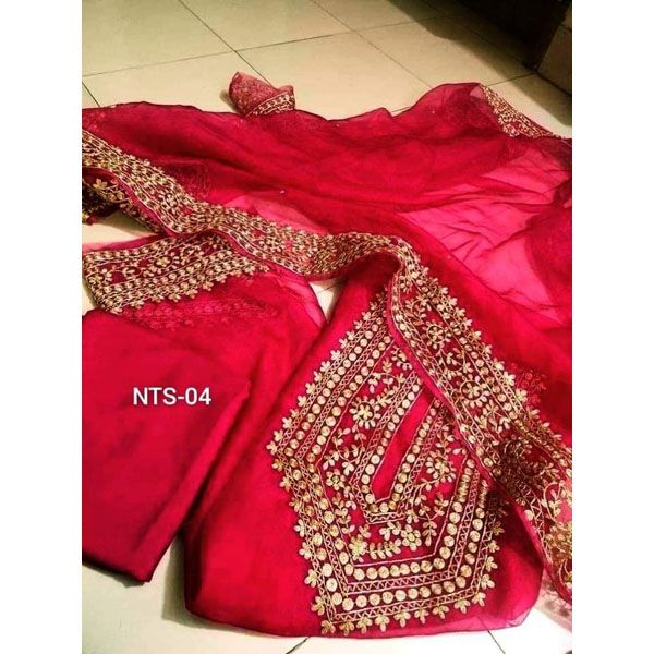 Bonolota Featuring Indian Embroidery Party Four Piece-red - Unstitched Tissue Four Piece With Heavy Embroidery