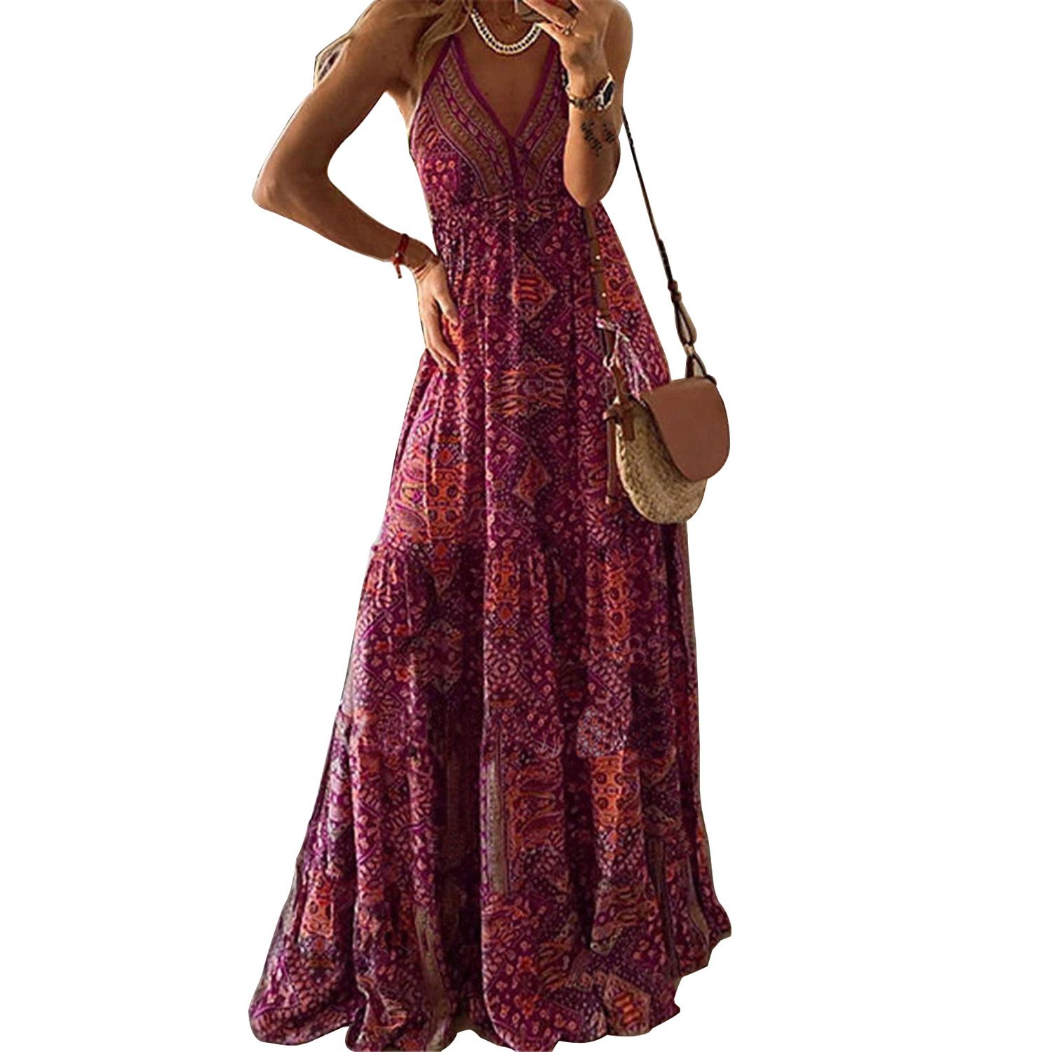 Women Dress V Neck Adjusle Strap Lady Dress