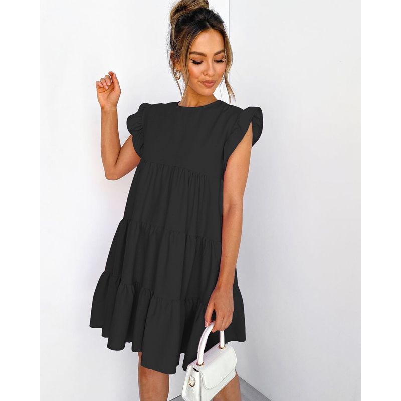 Summer Ruffle Mini Dress Women Solid Color Lady Dresses O Neck Casual Loose Dresses Butterfly Sleeve Short Dress Vestidos