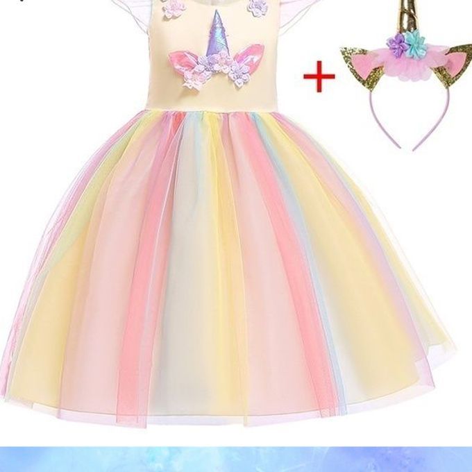 OIMG Girls Unicorn Dress Gown Night Child Birthday Party Wedding 5-14Y Summer Dresses Embroidery Applique Long With Headband