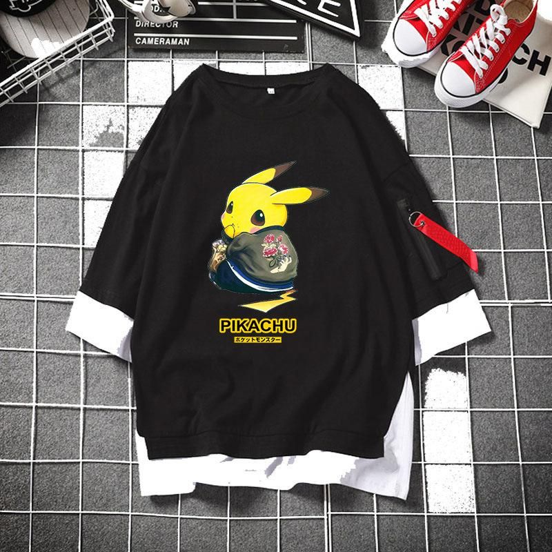 Pokémon Pokemon Pocket Monster Pikachu EAT Men and Women Casual Couple Short-sleeved White T-shirt Stitched Fake Two-piece Cotton High Quality