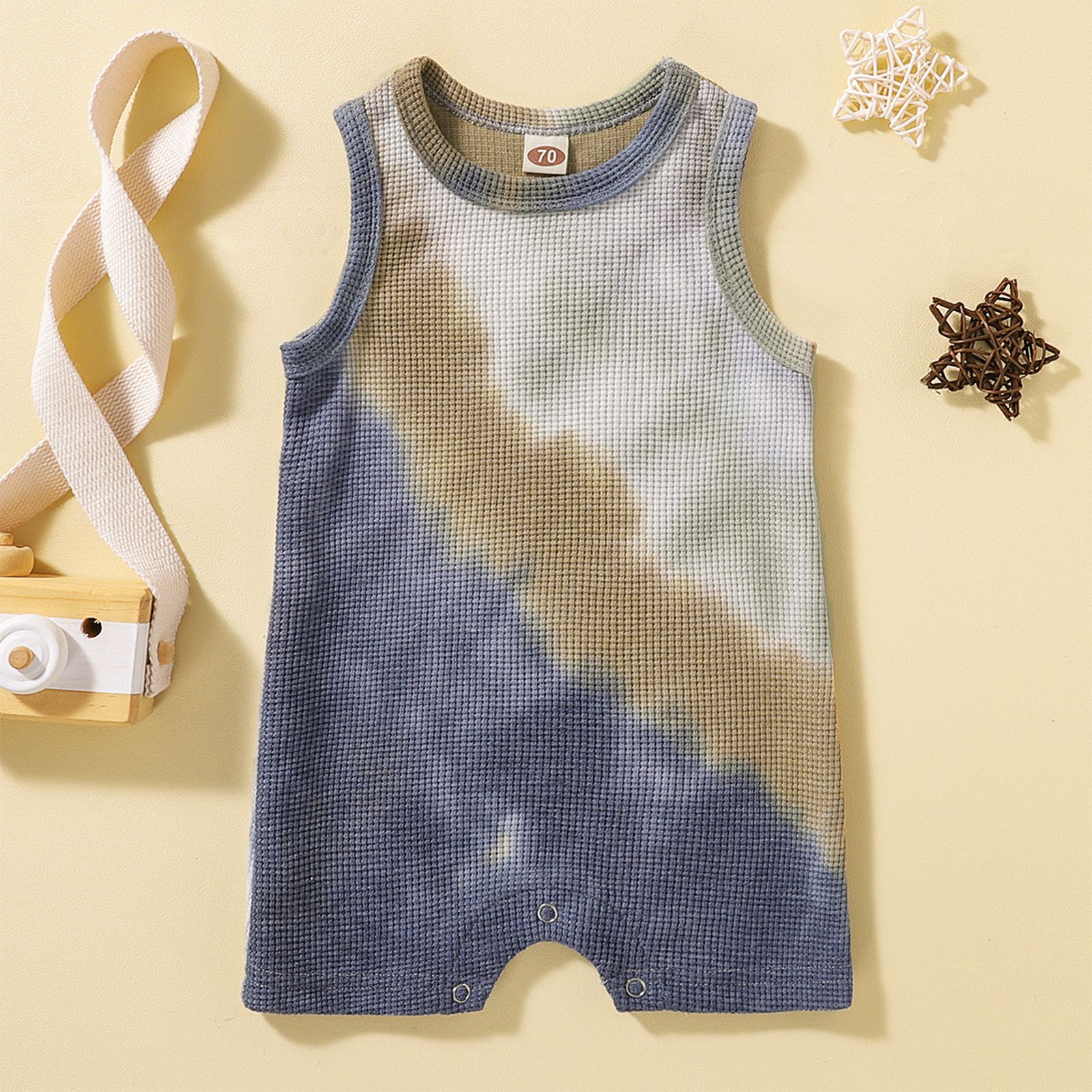 Newborn Summer Waffle Playsuit, Toddler Sleeveless Tie-dye Print Round Neck Romper