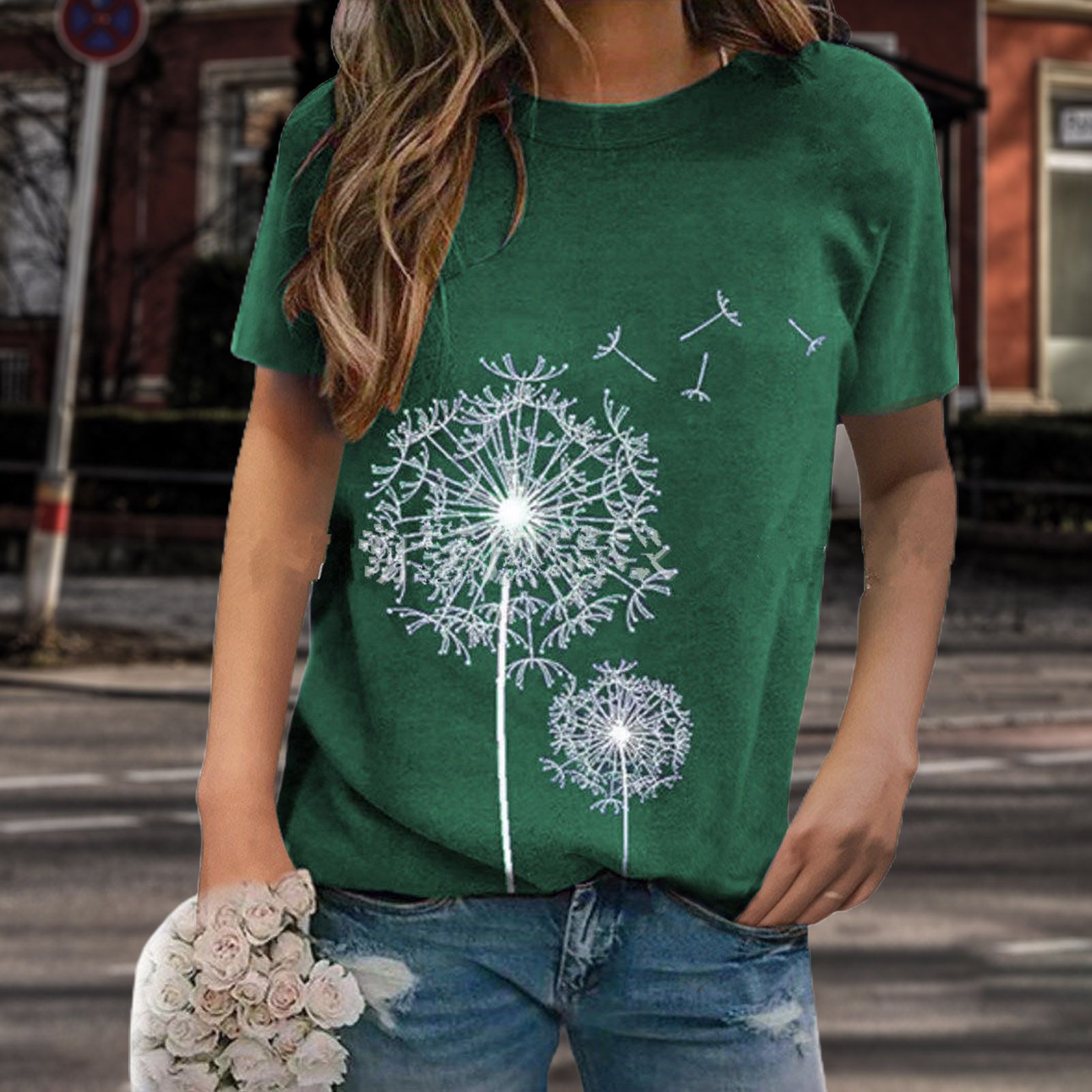 Sunnyheart Summer T-shirts All-match Flower Print Summer T-shirts