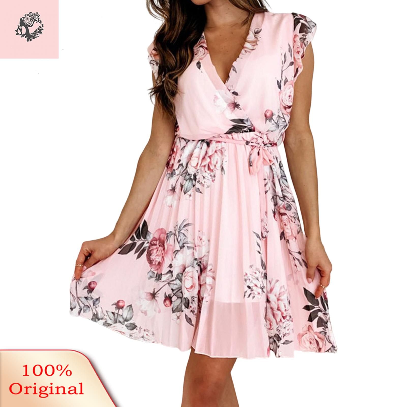 Sunnyheart Women Dress V Neck Floral Printing Sleeveless Women Dress