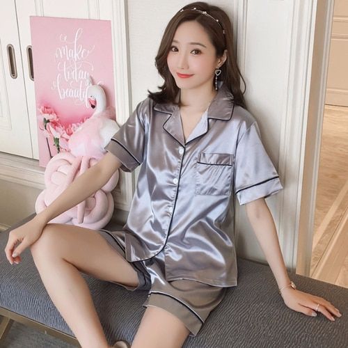 Womens Silk Satin Pajamas Pyjamas Set short Sleeve Sleepwear Pijama Pajamas Suit Female Sleep Two Piece Set Loungewear Plus Size