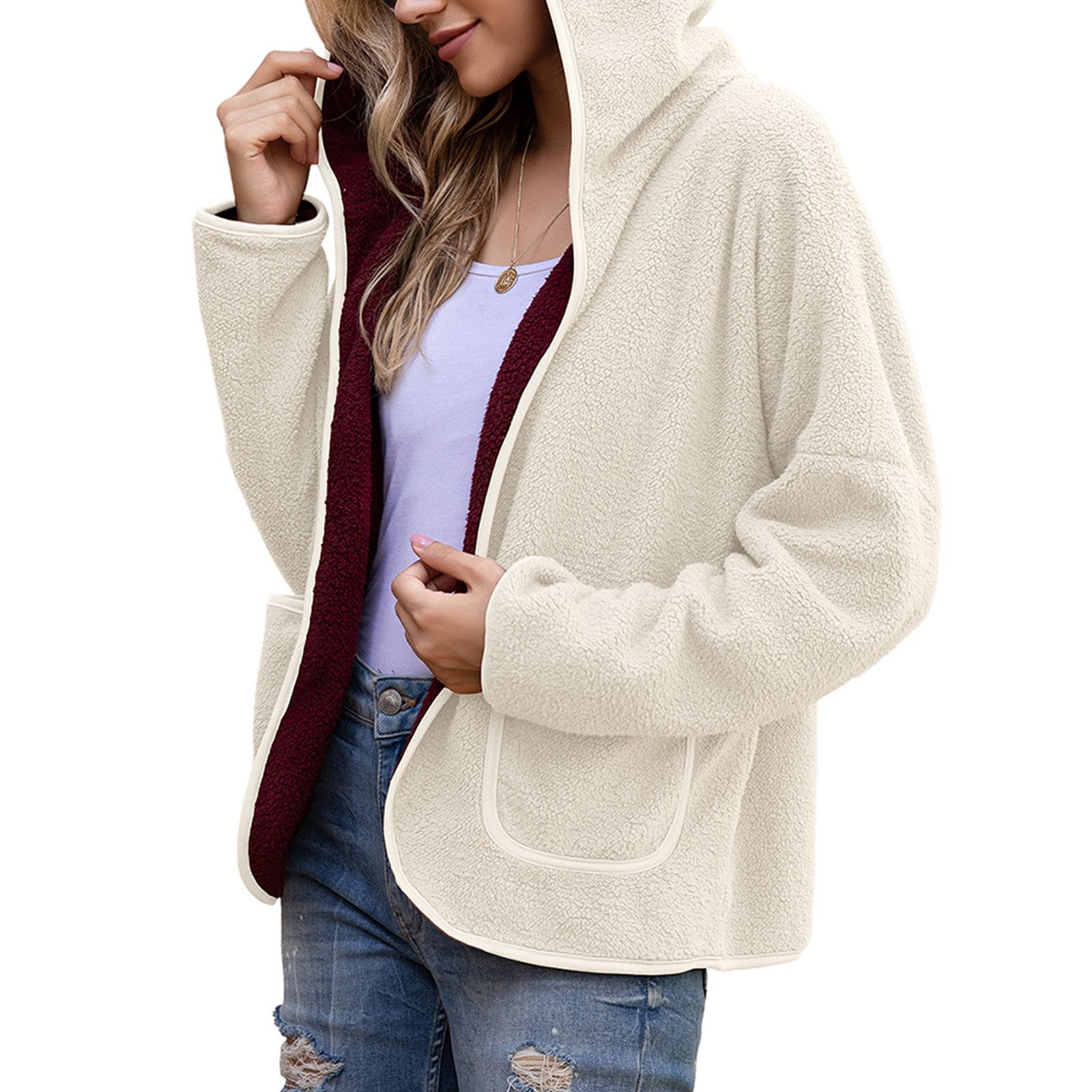 Women Autumn Winter Pockets Open Front Hooded Jacket Plush Coat Outerwear