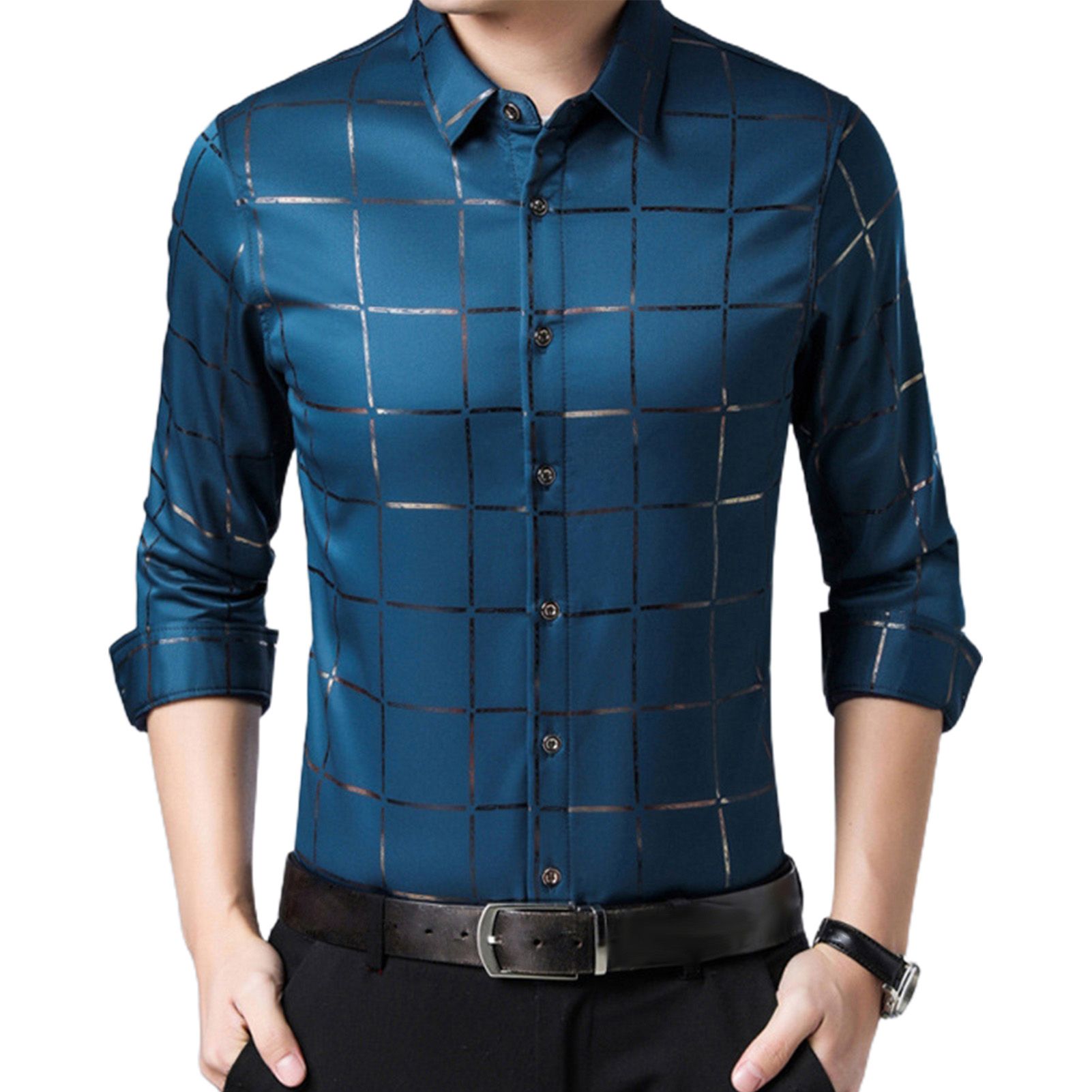 Men Dress Shirt Large Plaid Satin Surface Casual Non-iron Turndown Collar Single-breasted Shirt for Business