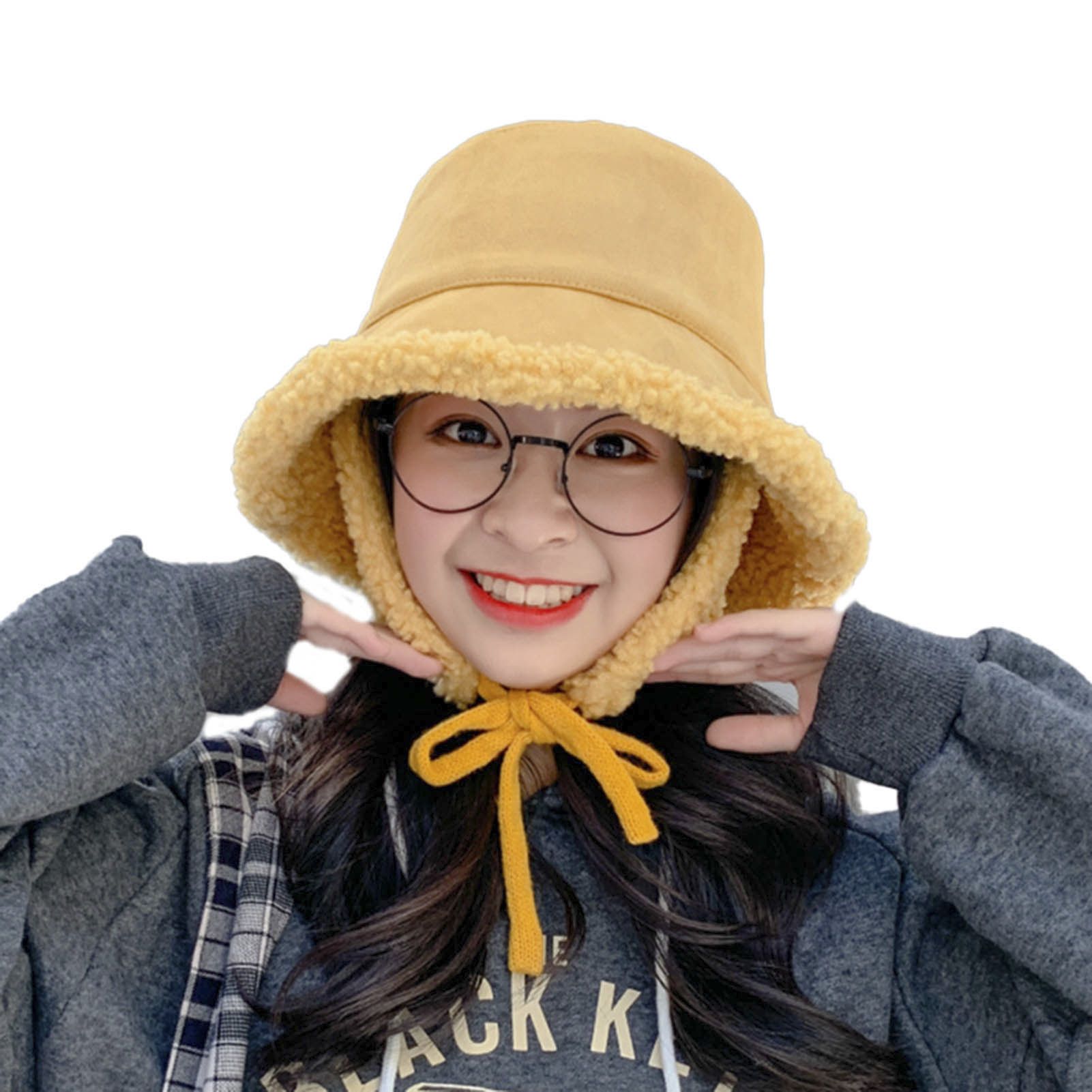 Bucket Cap Cold Resistant Pure Color Cashmere Lined Bucket Hat