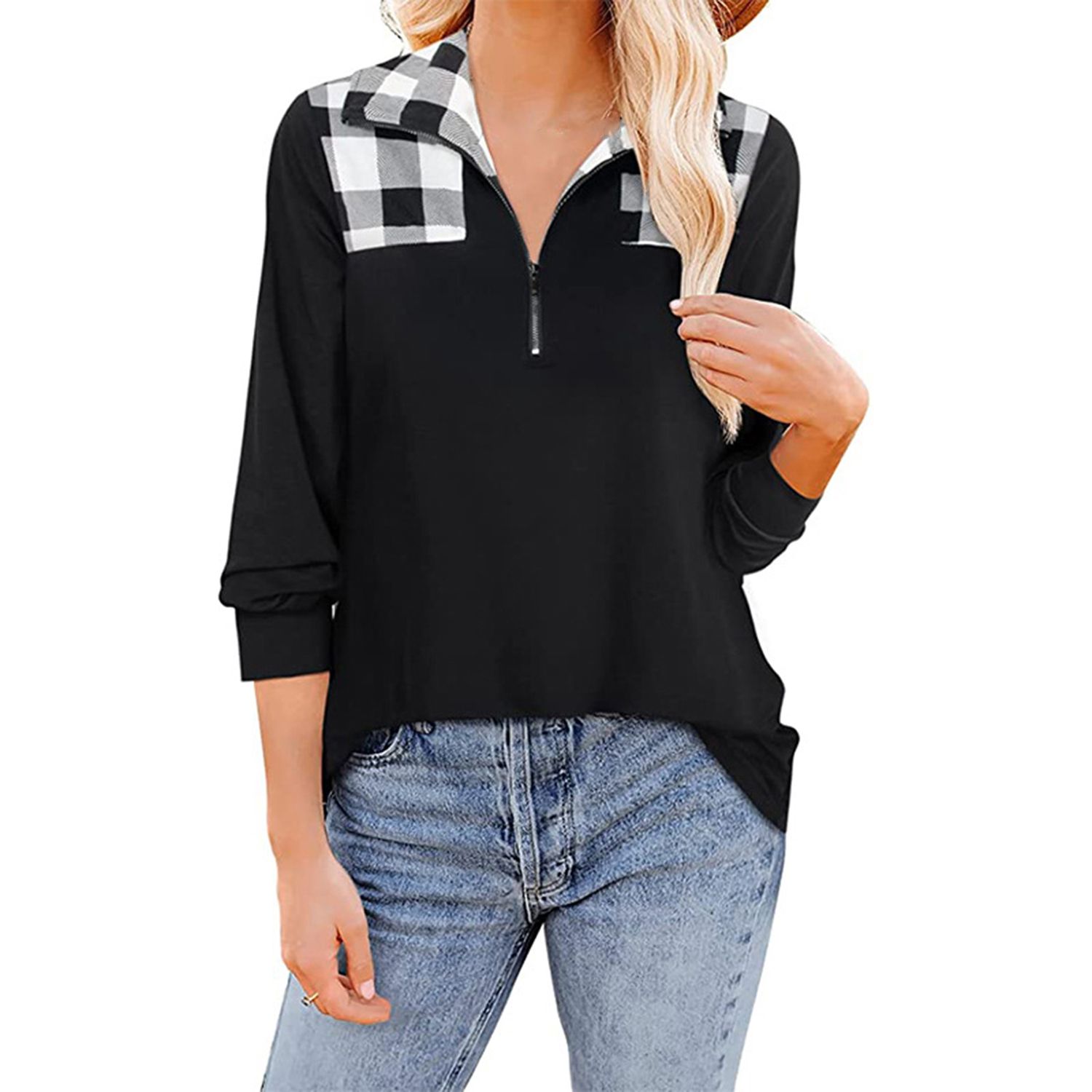 Pullover T-shirt Stretchy Plaid Patchwork Print Lady Tee Shirt