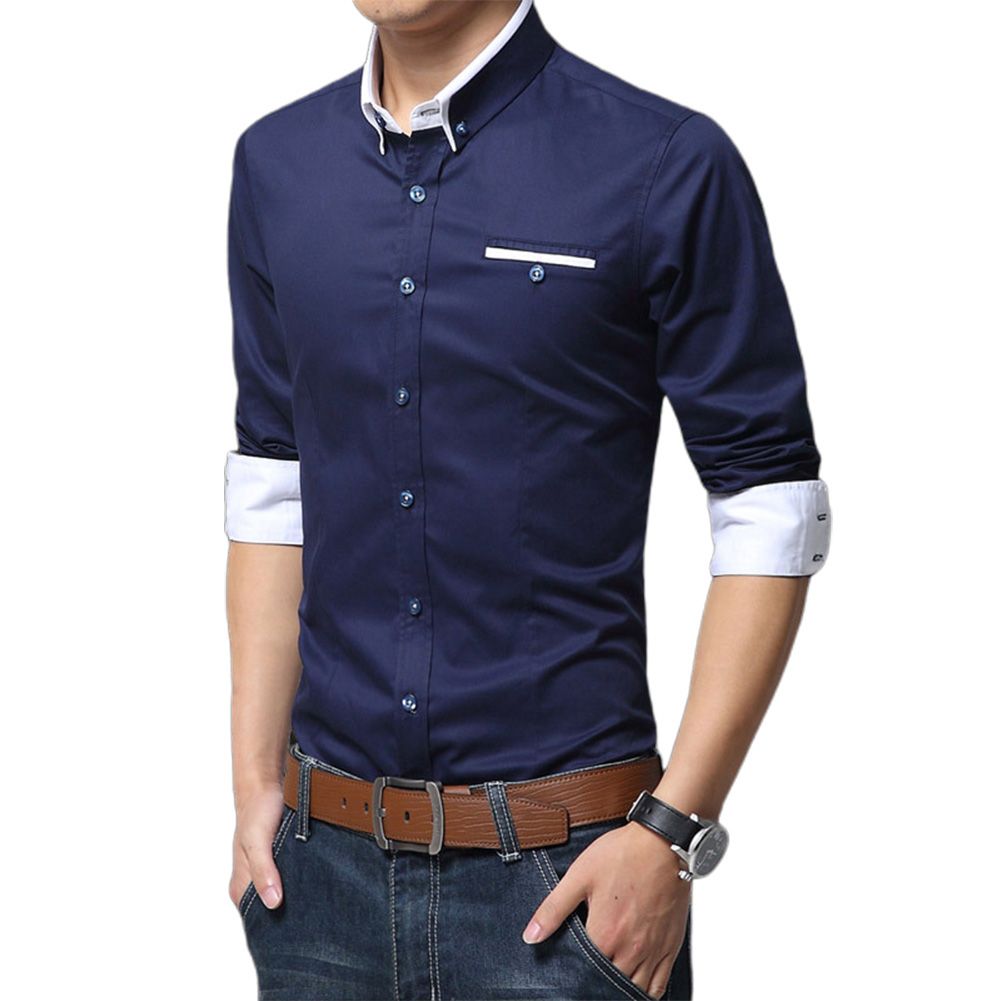 Business Men Solid Color Long Sleeve Color Block Cuff Slim Buttons Down Shirt