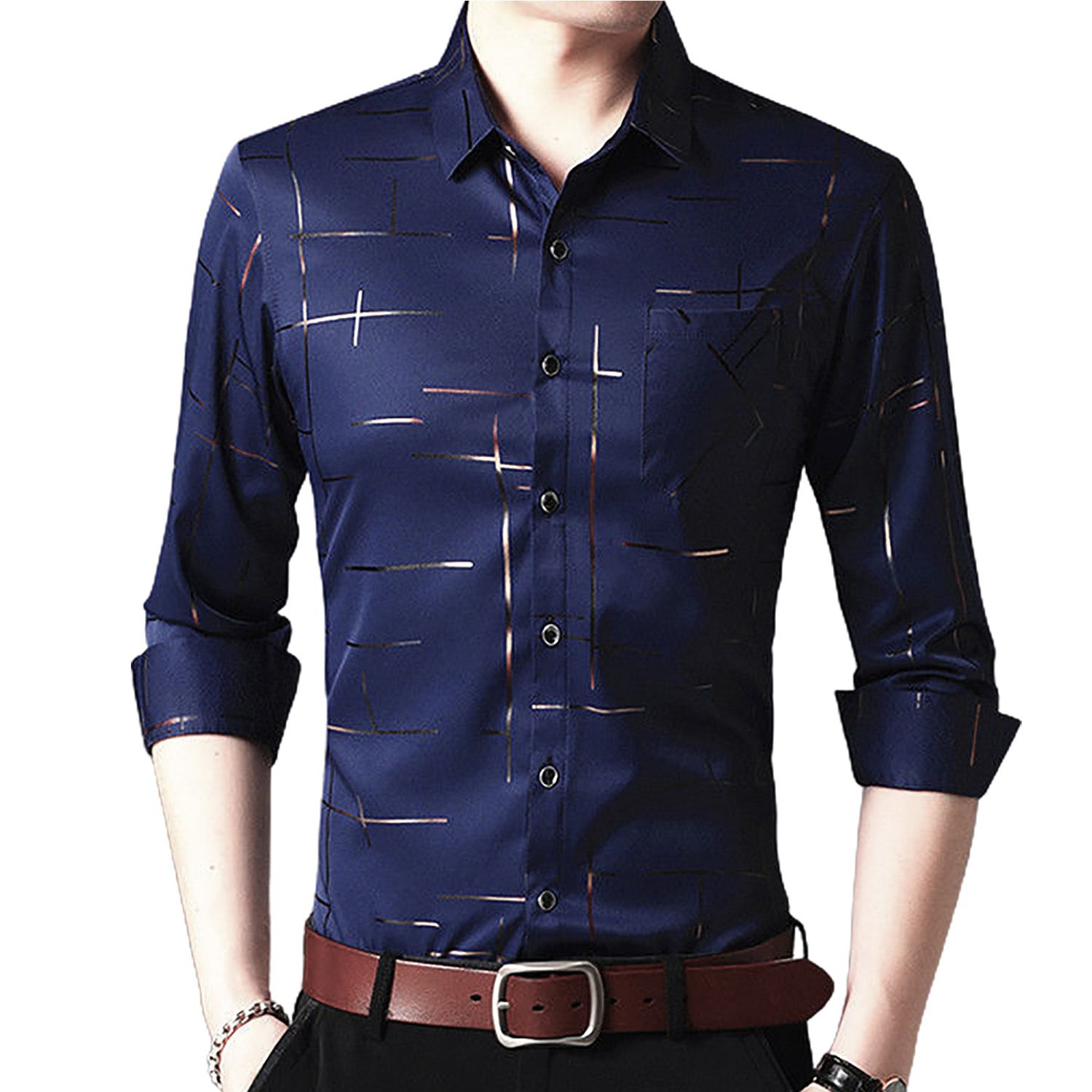 Men Long Sleeve Turn Down Collar Stripes Single-breasted Business Shirt Top