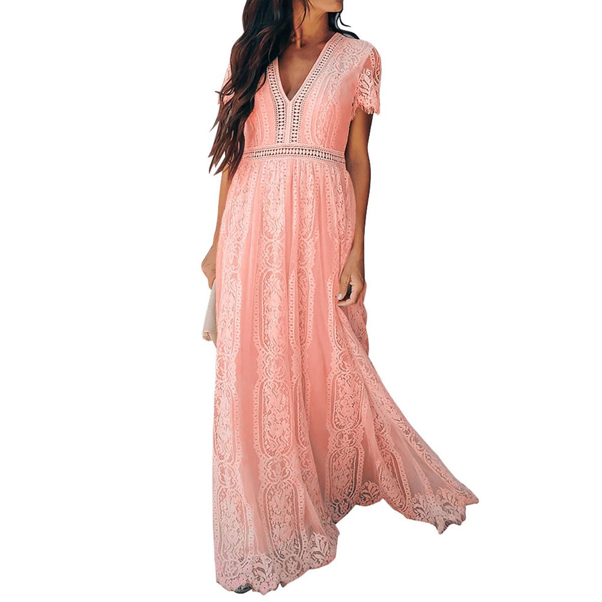 Women Embroidery Lace Long Dress y Deep V Neck Casual Party Maxi Dress Short Sleeve Crochet Vintage Dress L