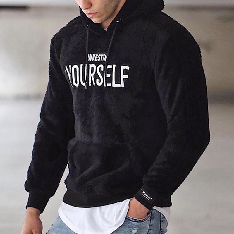 Winter Warm Fleece Hoodie Sweatshirt Men Fashion Embroidery Hooded Tops Autumn Mens Pullover Casual Long Sleeve Hoodies