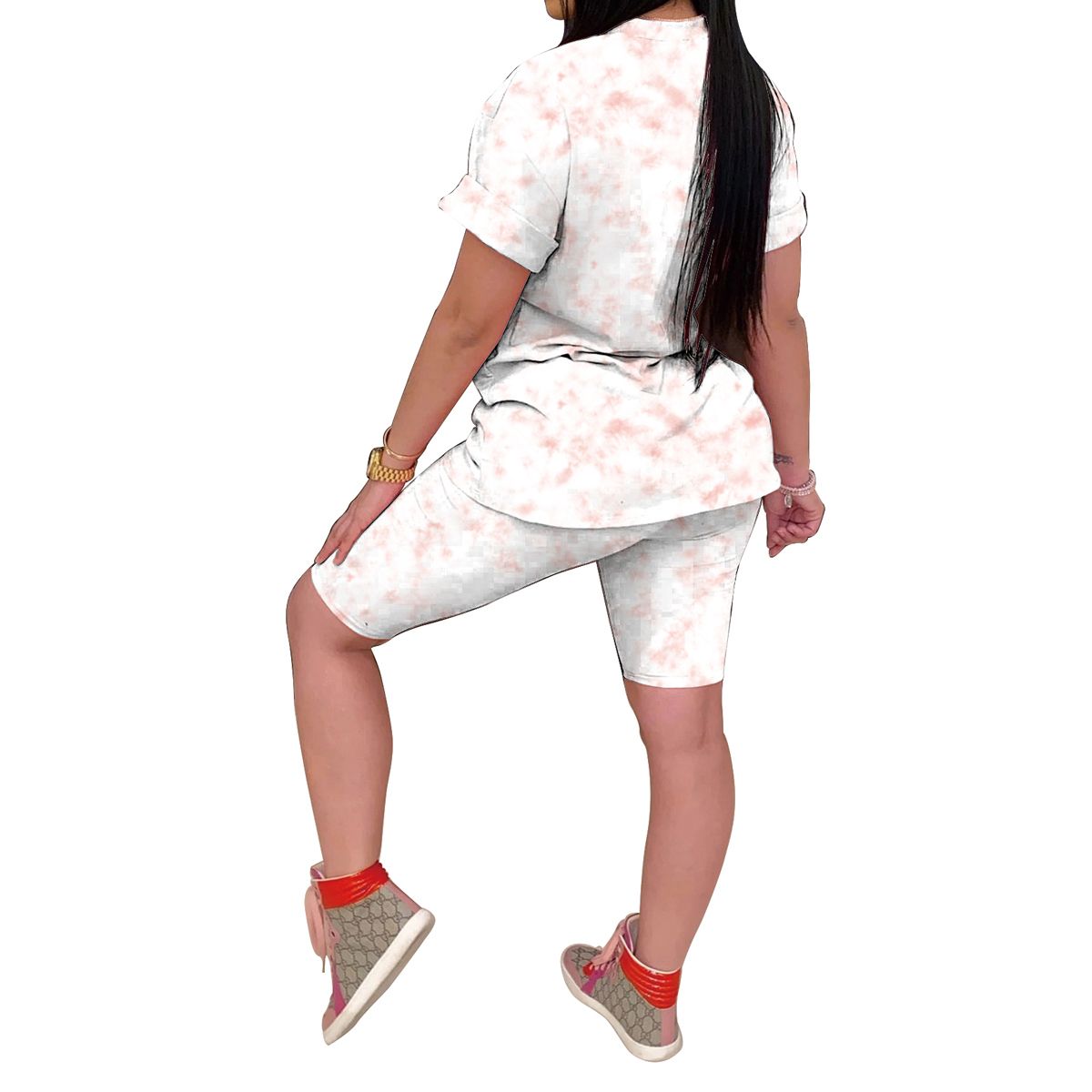 Women 2 Pcs Printed Pajamas Sets, Tie Dye Printed Short Sleeve Top + Shorts Nightwear Sleepwear Loungewear