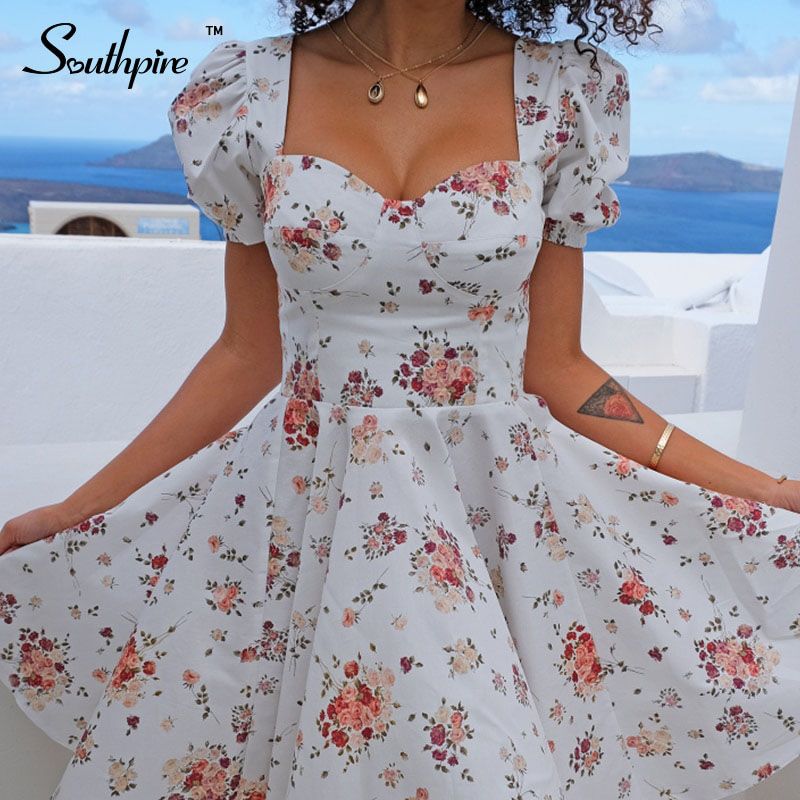 Southpire BoFlower Print White Dress Women 's Short Puff Sleeve Zipper Mini Sundress Elegant Summer Dress Ladies Clothing