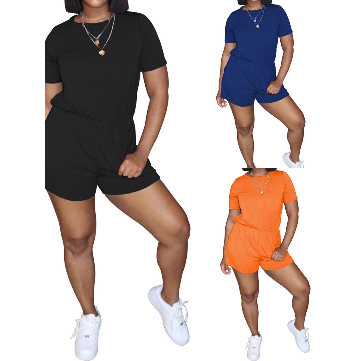 Women Fashion Short Sleeve Solid Color Jumpsuit Summer Casual Jumpsuit for Ladies