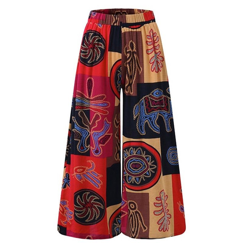 National Style Fashion Women Casual Floral Printed Pants Ladies Vintage Wide Leg Pants Plus Size S-