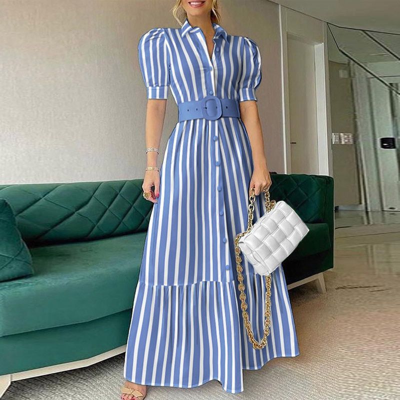 Vintage Puff Sleeve Women Party Maxi Dress Elegant Striped Office Lady Long Dresses Fashion Turn-down Collar Button Shirt Dress