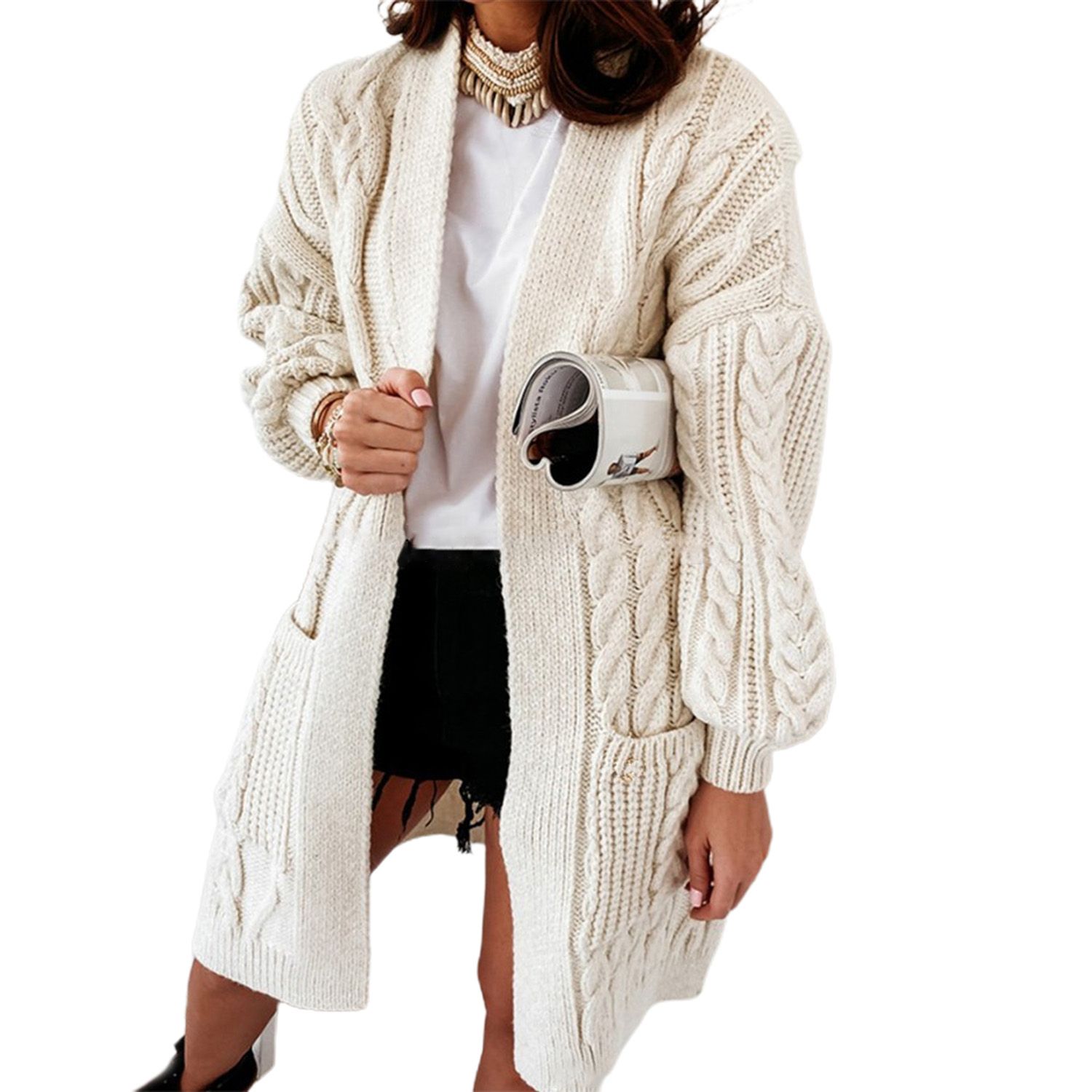 Women Cardigan Lantern Sleeve Split Pure Color Sweater Coat