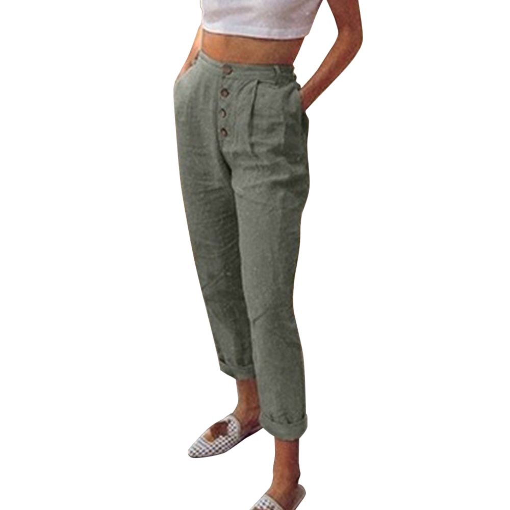 Solid Cotton Linen Women Pencil Pants Spring Casual Button High Waist Trousers Women Plus Size Long Pants 3XL