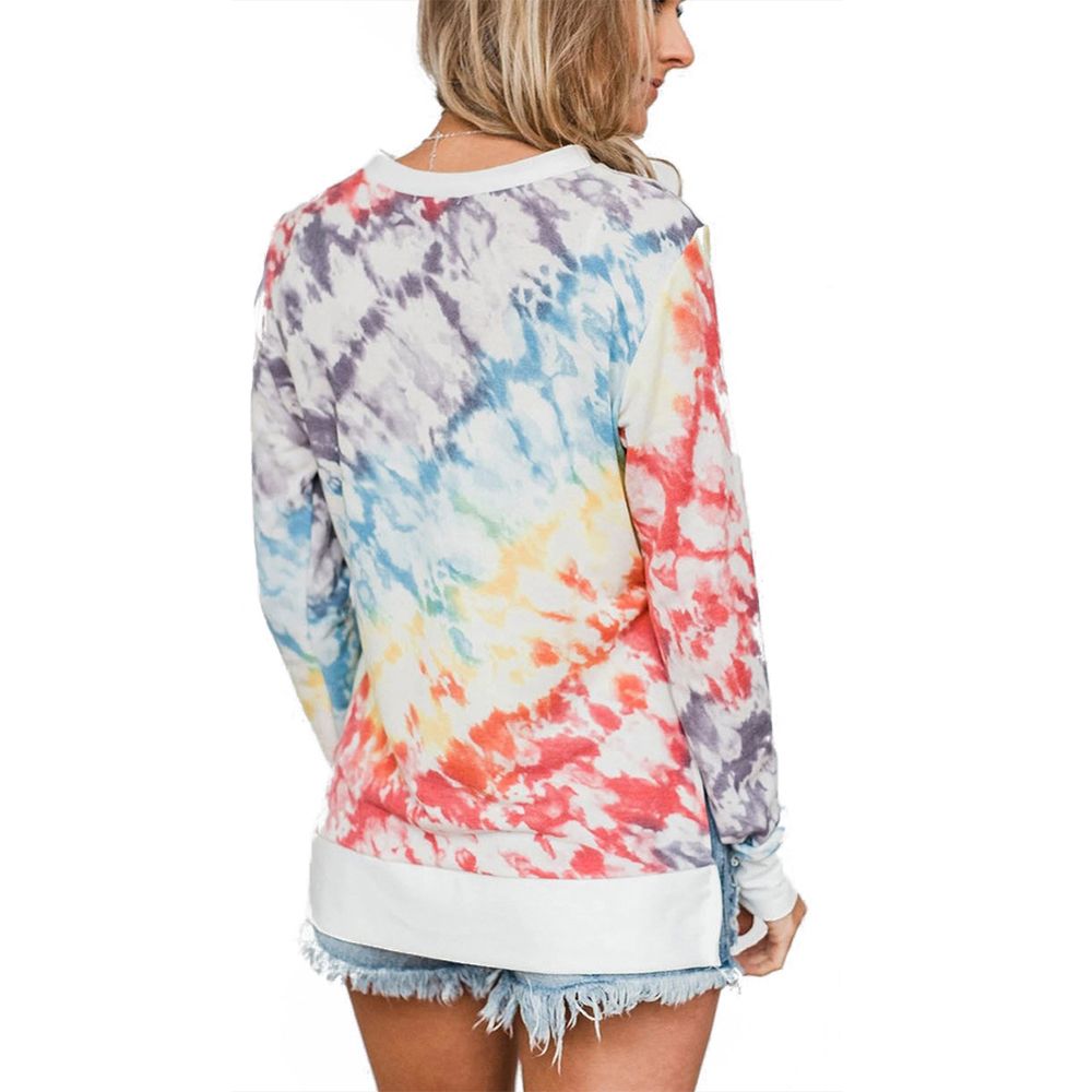 New Female T-Shirt, Tie-Dye Print Round Neck Long Sleeve T-Shirt Women’ s Tops, Gray/Purple/Red/Bright