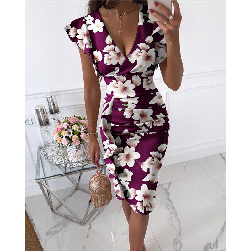 2021 Summer Fashion Women 's Clothing V-Neck Elegant Slim Print Pleated Ruffles Package Female Dress Vestidos De Fiesta