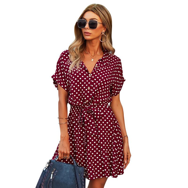 Beach Summer Shirt Dress Polka Dot Vintage High Waist Mini Casual Women Dresses Loose Short Sleeve Single-ed Slim Robe