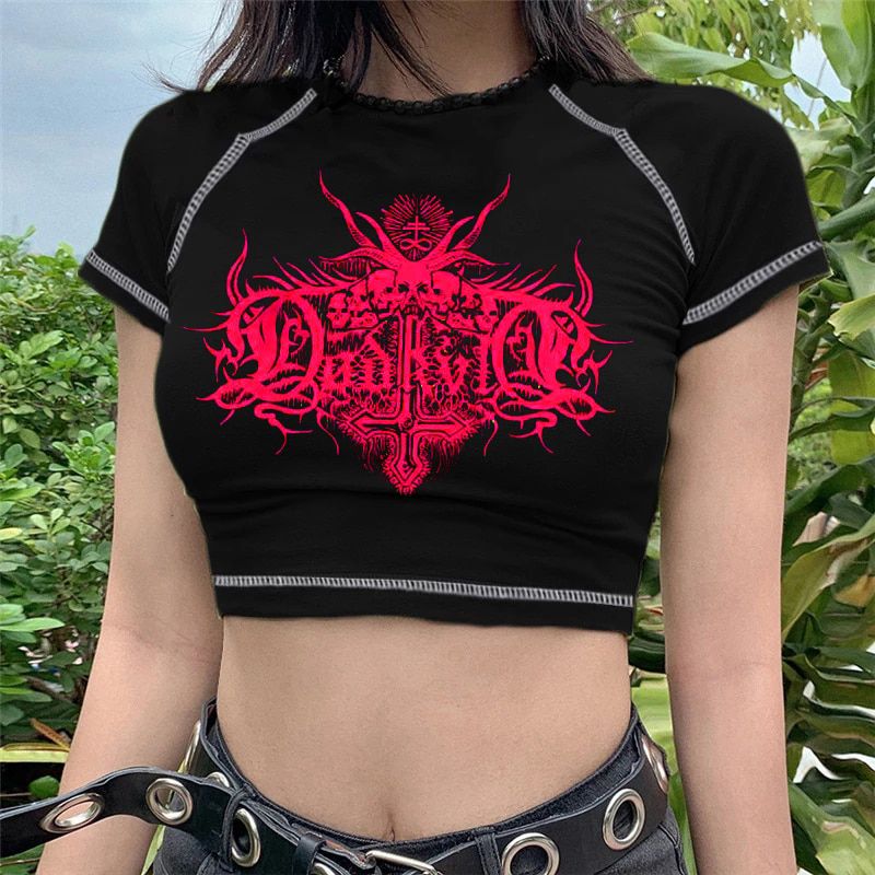 Goth T-shirt female Y2k Crop Top Anime Aesthetic Vintage Street kawaii Shirt Harajuku Punk Shirt Women clothing 2021 New Gothic