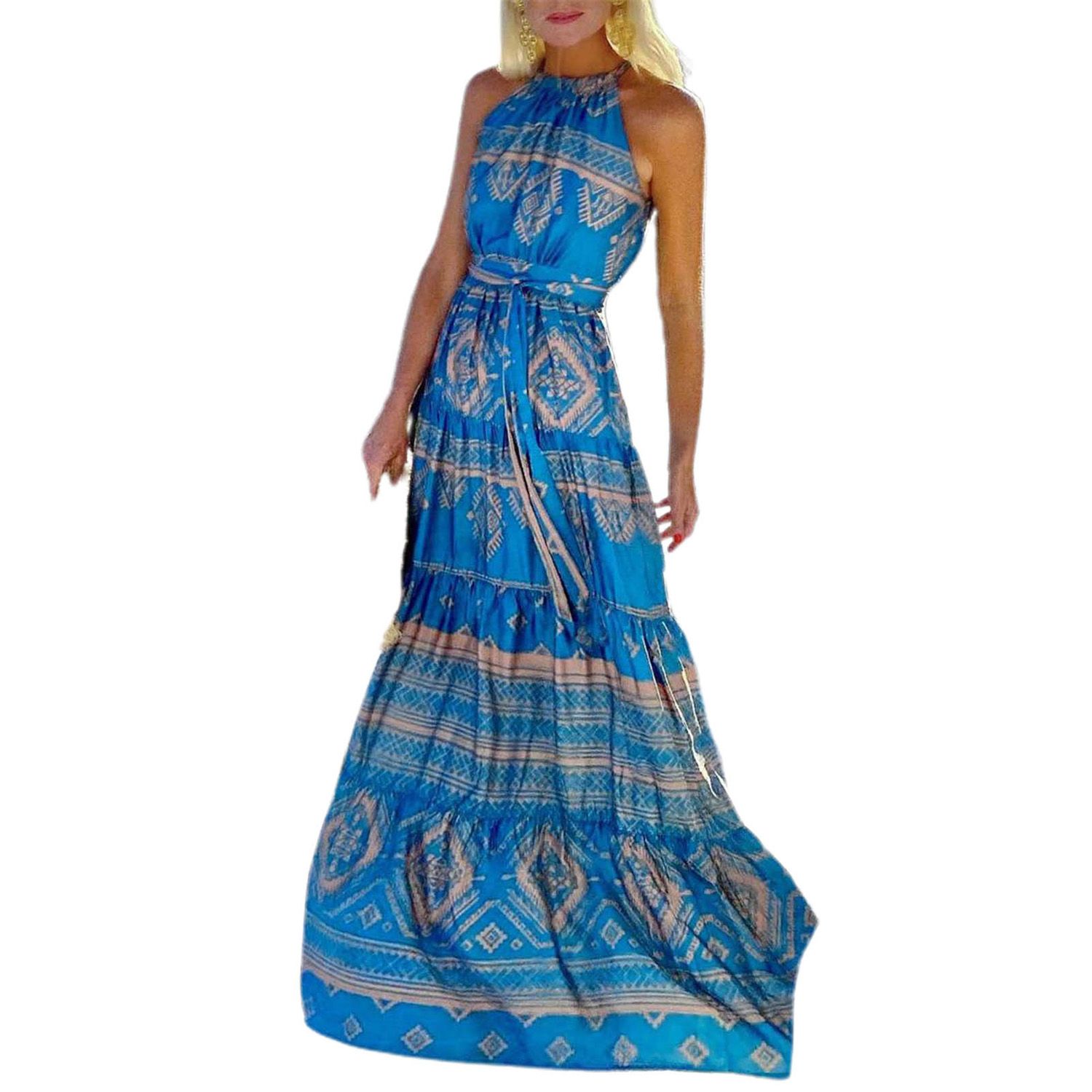 Casual Dressd Rise Vintage Print Halter Women Long Dress