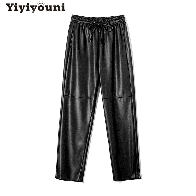 High Waist Spliced Leather Pants Women Loose Drawstring PU Leather Trousers Women Autumn Solid Straight Pants Female