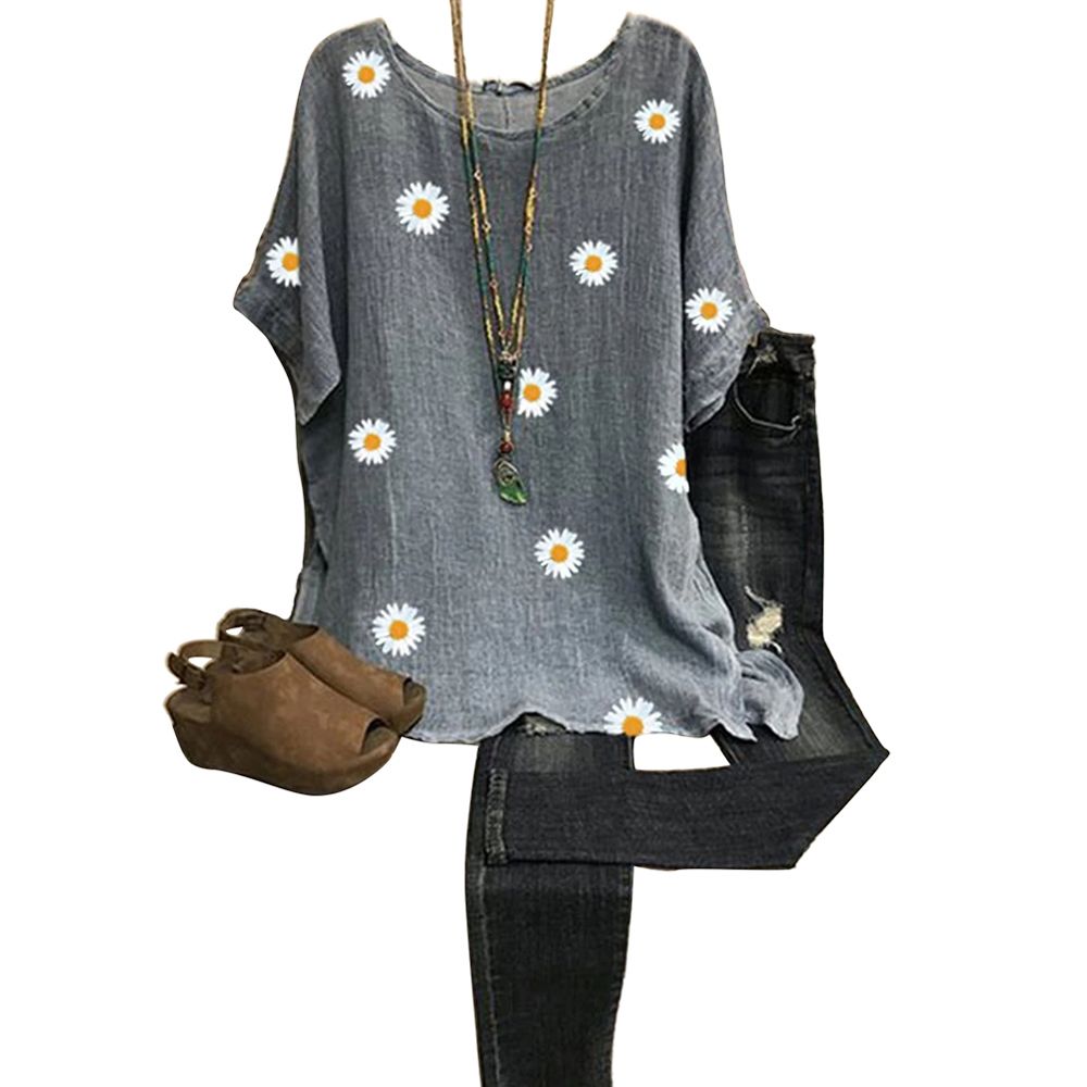 New Women Summer Daisy Print Top Oversized Loose Short-Sleeved T-Shirt (S/M/L/XL/XXL/XXXL)