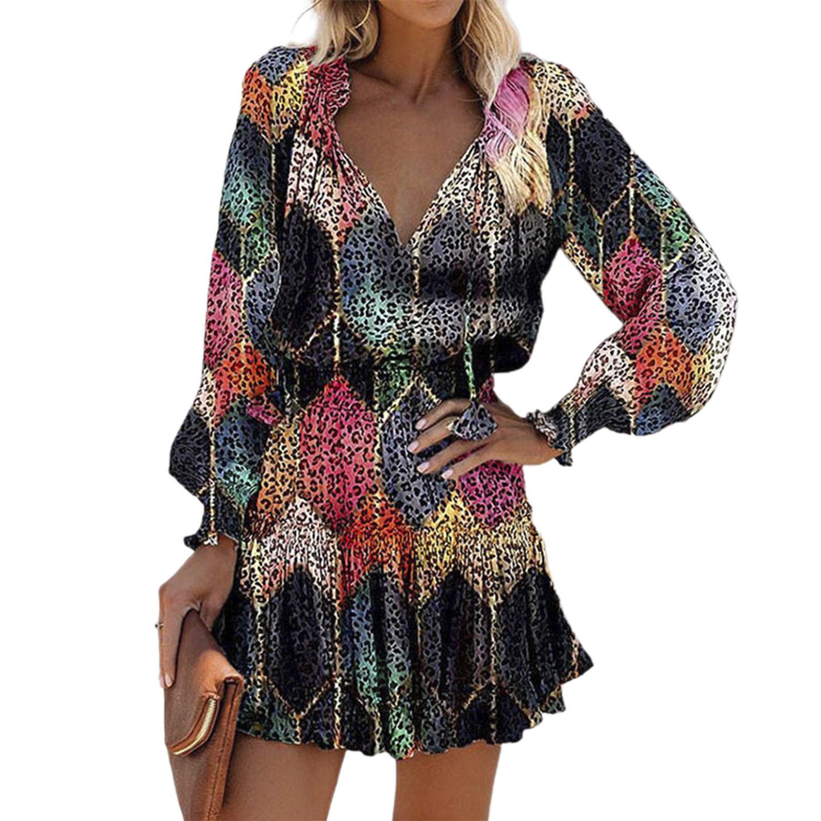 Holiday Dress V-Neck Colorful Floral Print Ruffle Hem Party Dress