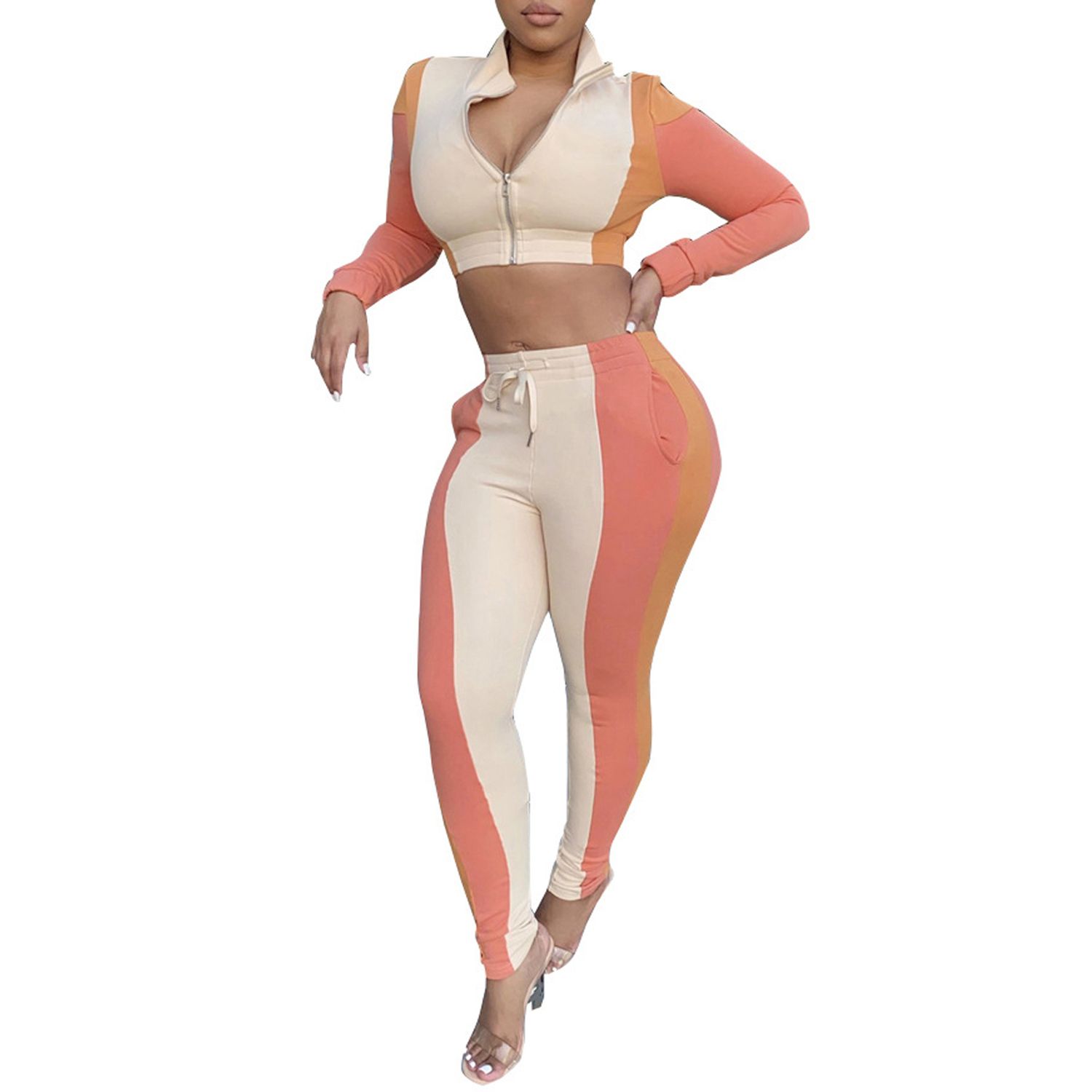 2021 Women Casual 2-piece Outfit Set Long Sleeve Color Block Crop Top+Pants Set for Ladies