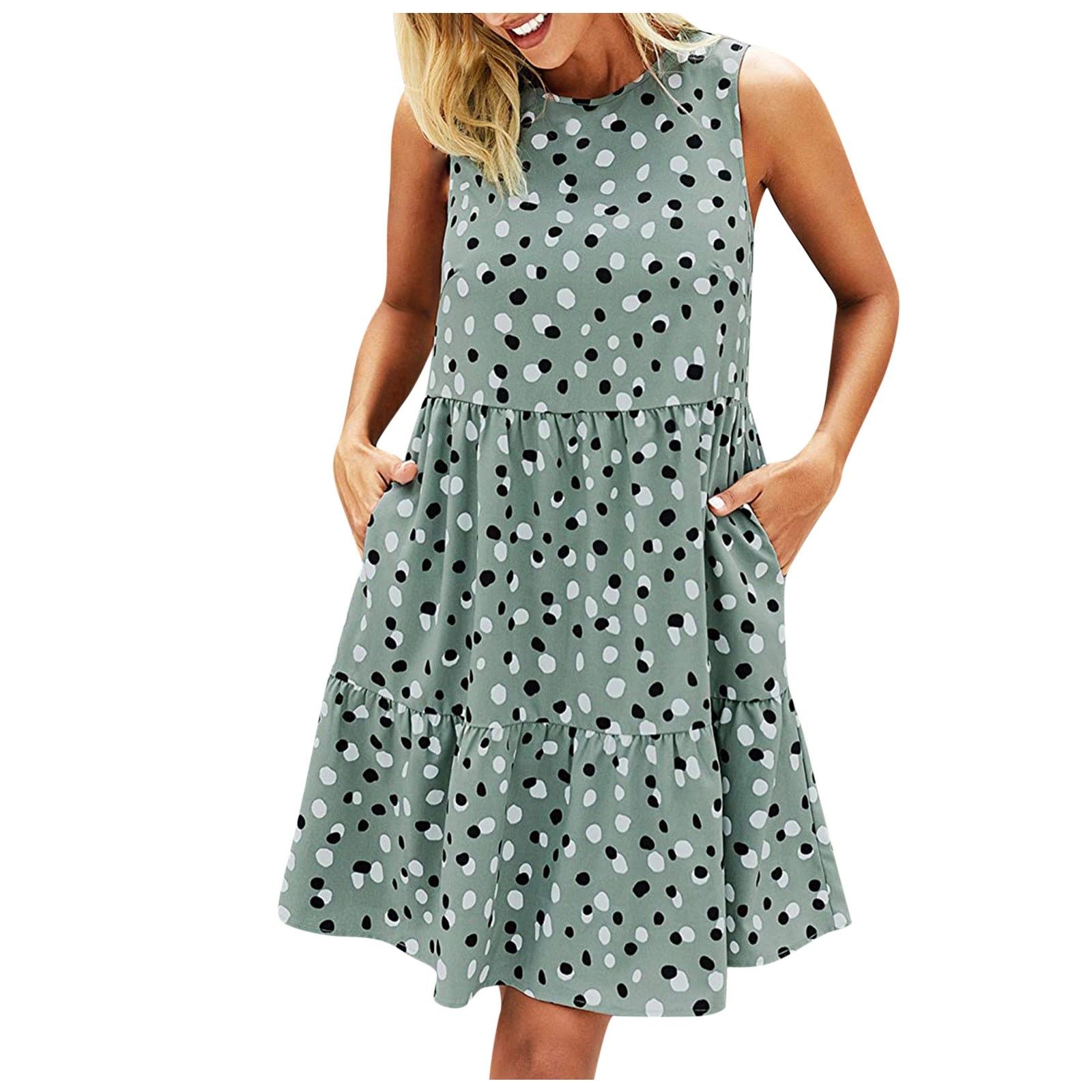 Vintage Dot Printing Summer Dress Women Summer Dot Prints Sleeveless A Line Loose Swing T Shirt Dress with Pockets#2