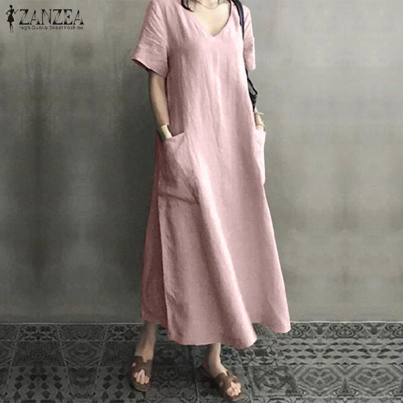 Zanzea 2021 Women Long Maxi Summer Dress Casual Cotton Linen Ladies Big Pockets Beach Party Robe Femme Vestidos