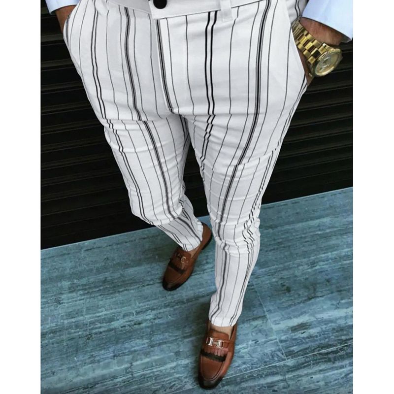 Autumn New Business Casual Striped Printed Pencil Pants For Men Mid Waist Long Pants Streetwear Fashion Men's Slim Trousers
