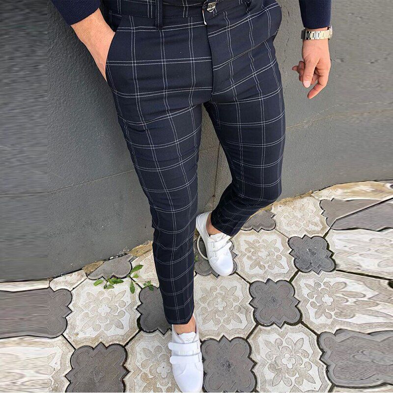 Vintage Plaid Print Slim Pencil Pants For Men Casual Long Trousers Spring Summer Fashion Streetwear Mens Clothes Harajuku