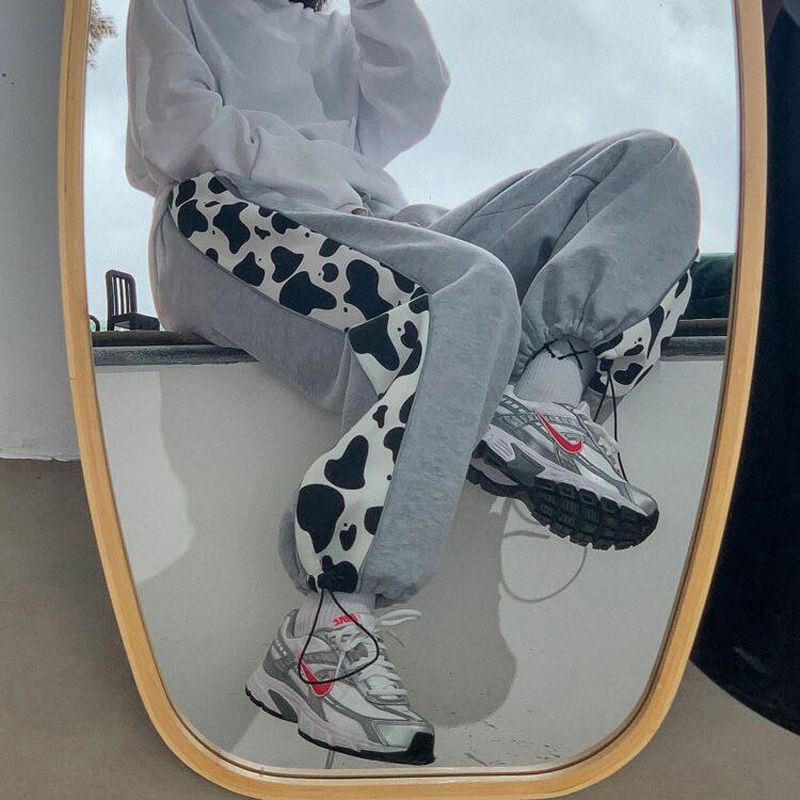 Pants Womens Loose Autumn Drawstring Hem Ins Casual Trousers All-match Chic Cow Pattern  Hop Streetwear Bf Sweet Ulzzang Tide
