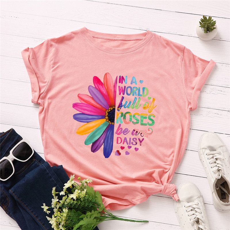 Plus Size Women TShirt  S-5XL New Daisies Print T-Shirt 100%Cotton Women Shirts O Neck Short Sleeve Tees Summer Woman Tops