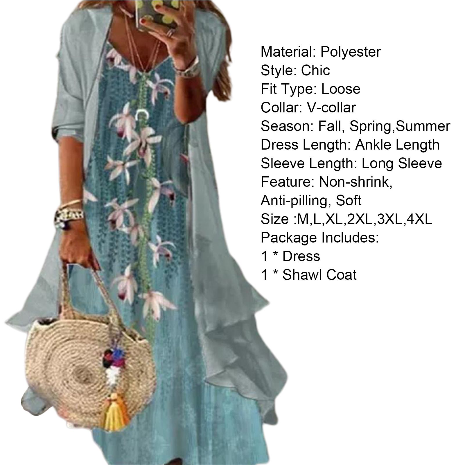 Women Dress Long Sleeve Eye-catching Shawl Coat Included Spring Dress