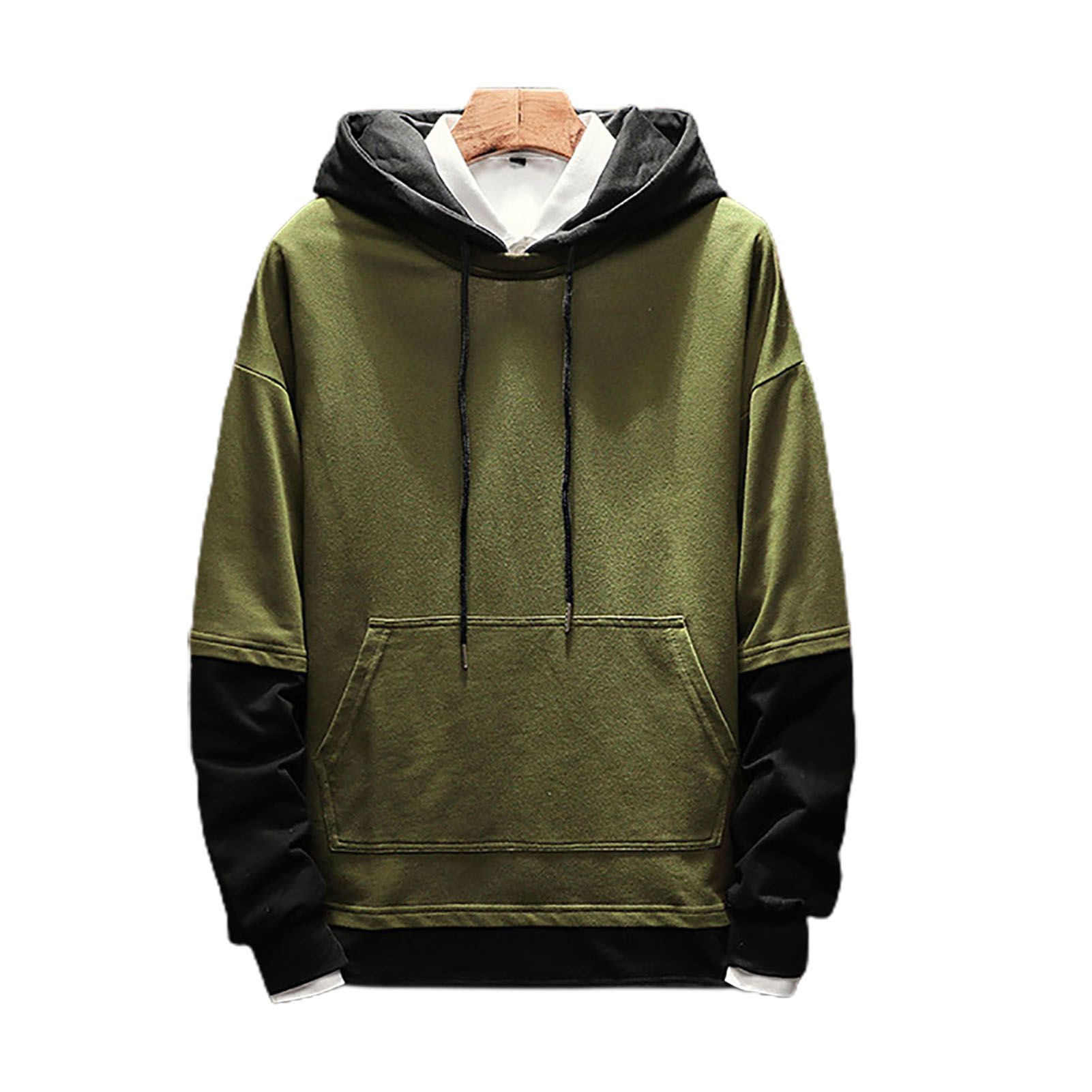 Men Hoodie Colorfast Contrast Color Drawstring Hooded Pullover