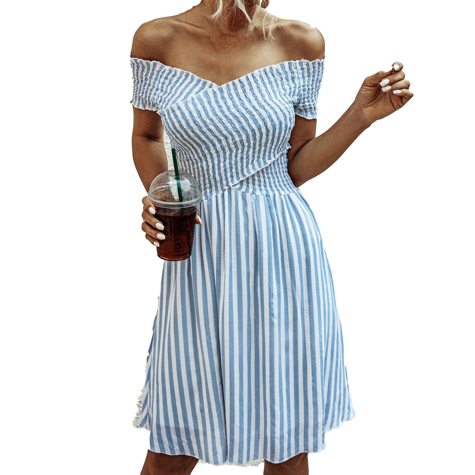Summer Dress Stripe Off Shoulder Women Cross Backless Elastic Waist Dress for Dating